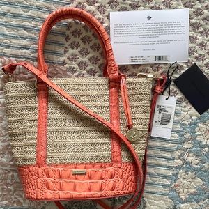 Brahmin Small Bowie Tote Convertible Straw Leather Handbag Crossbody Poppy NWT